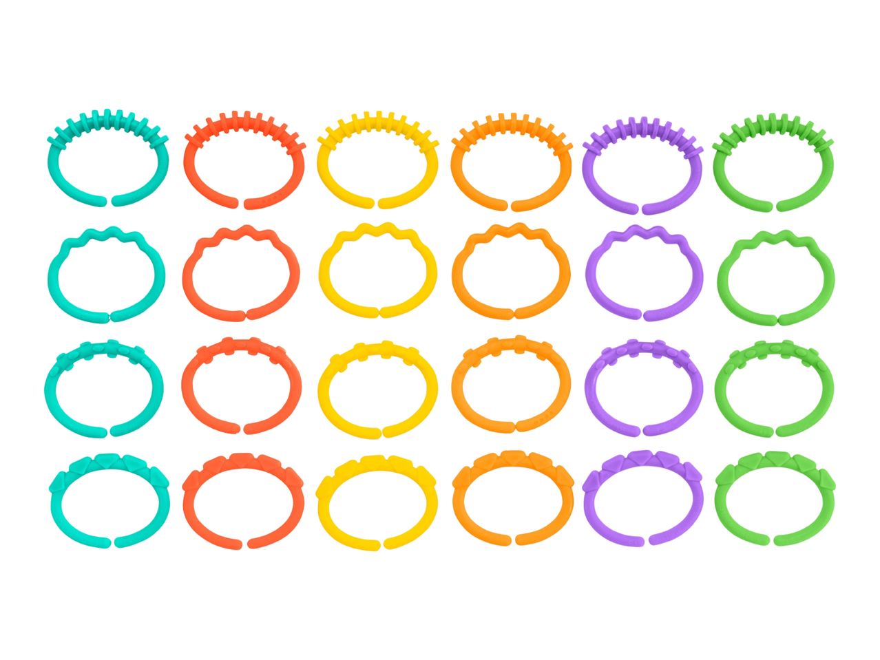 Colorful baby teething rings in various shapes, including wavy, ridged, and geometric designs.