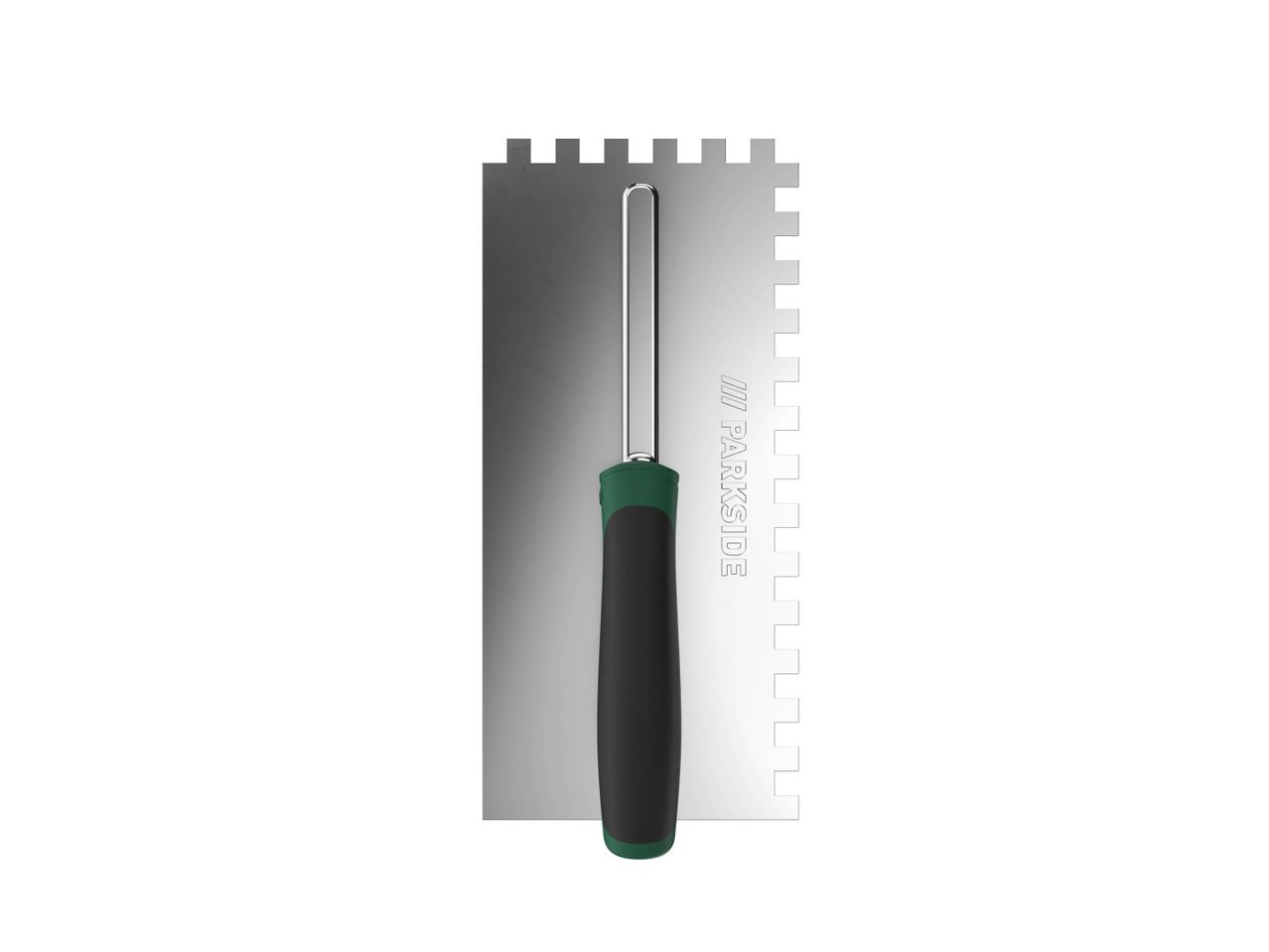 A Parkside notched trowel with a black and green handle.