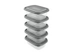 Stack of five rectangular clear food storage containers with gray lids.