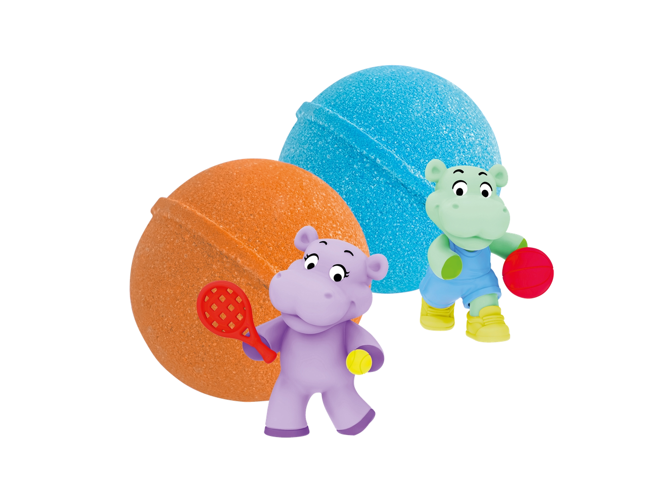 Craze vannipommid mänguasjadega: oranžid ja sinised vannipommid jõehobu kujukestega.