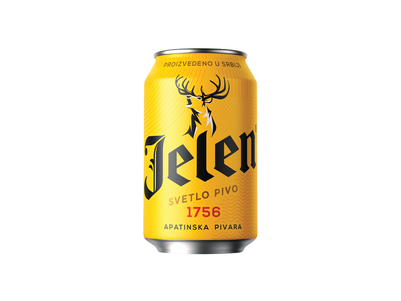 Jelen pivo u žutoj limenci sa logom jelena i natpisom 'Svetlo pivo 1756'
