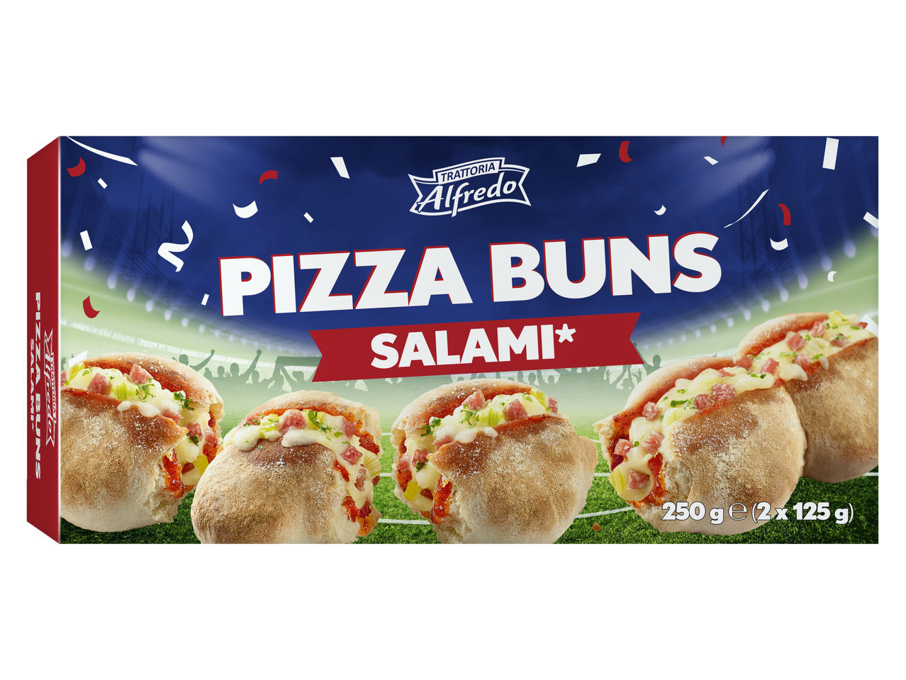 Embalagem de Trattoria Alfredo Pizza Buns Salami com tema de futebol.