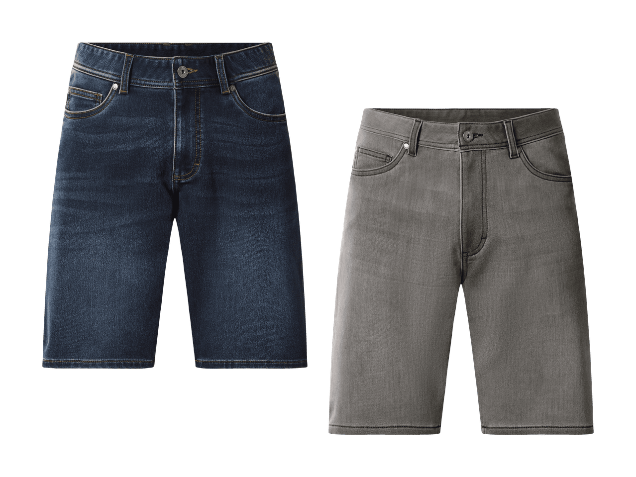 Deux shorts en jean, un bleu foncé et un gris, sur fond noir.