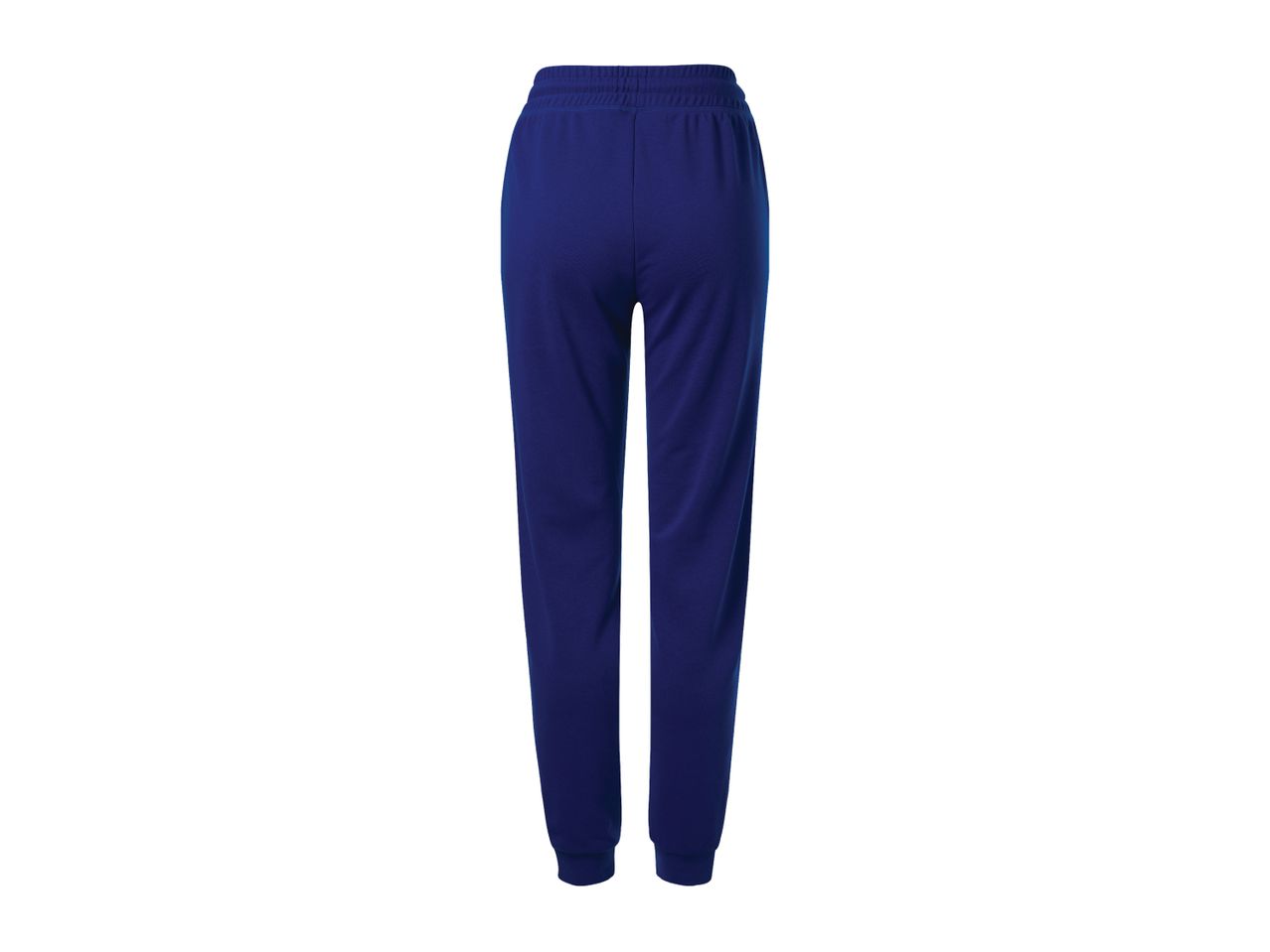 Back view of a pair of plain blue sweatpants with an elastic waistband and cuffed ankles.