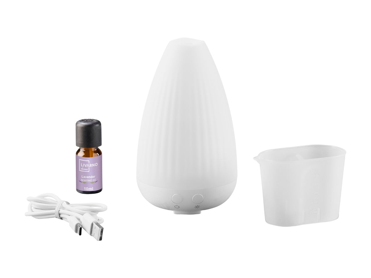 White essential oil diffuser with lavender oil, USB cable, and measuring cup.