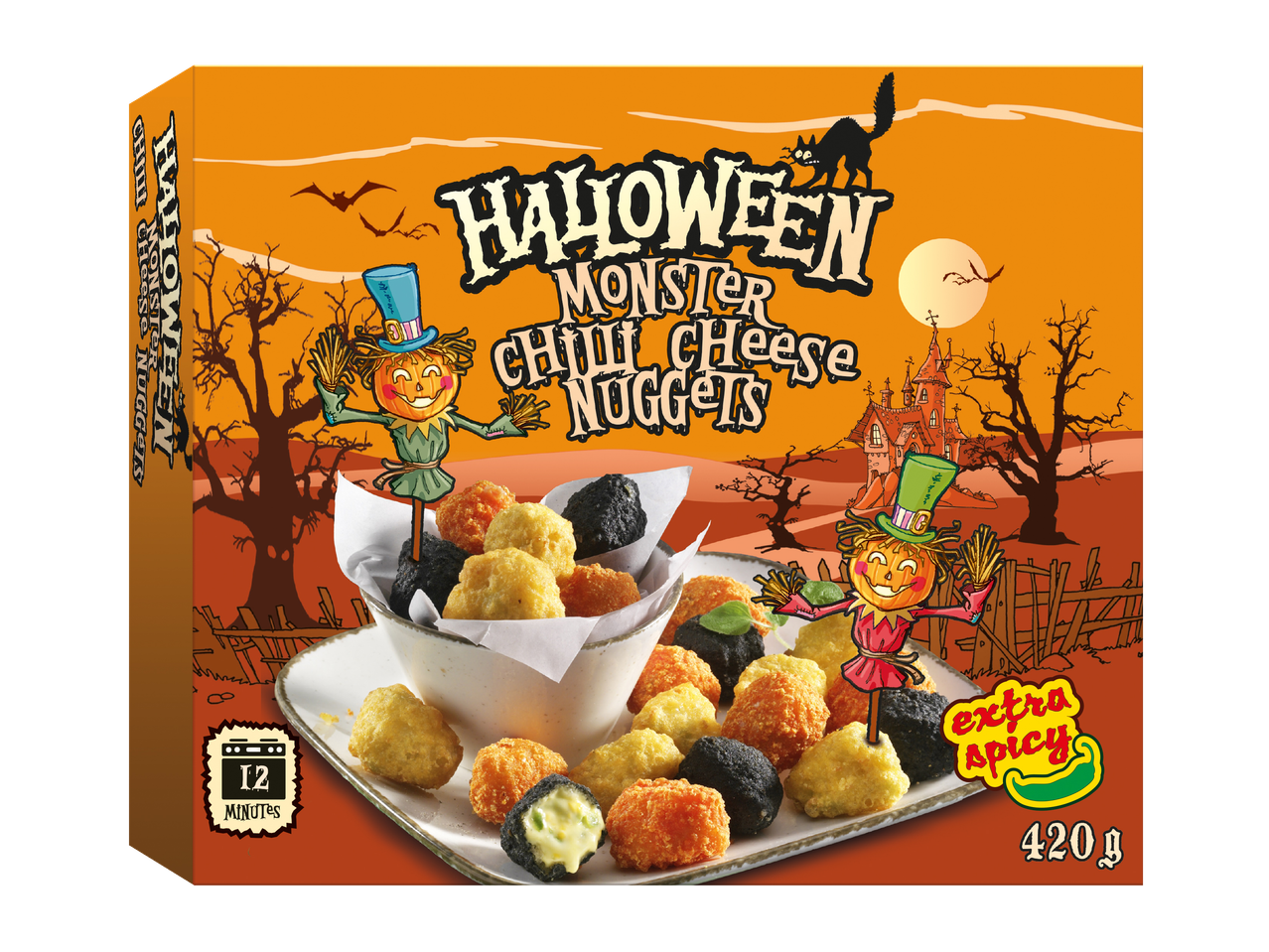Halloween Monster Chilli Cheese Nuggets packaging with a spooky design.