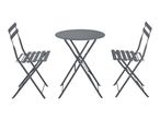 Grey bistro set with a round table and two folding chairs.