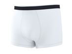 White men's boxer briefs with a black waistband, back view.