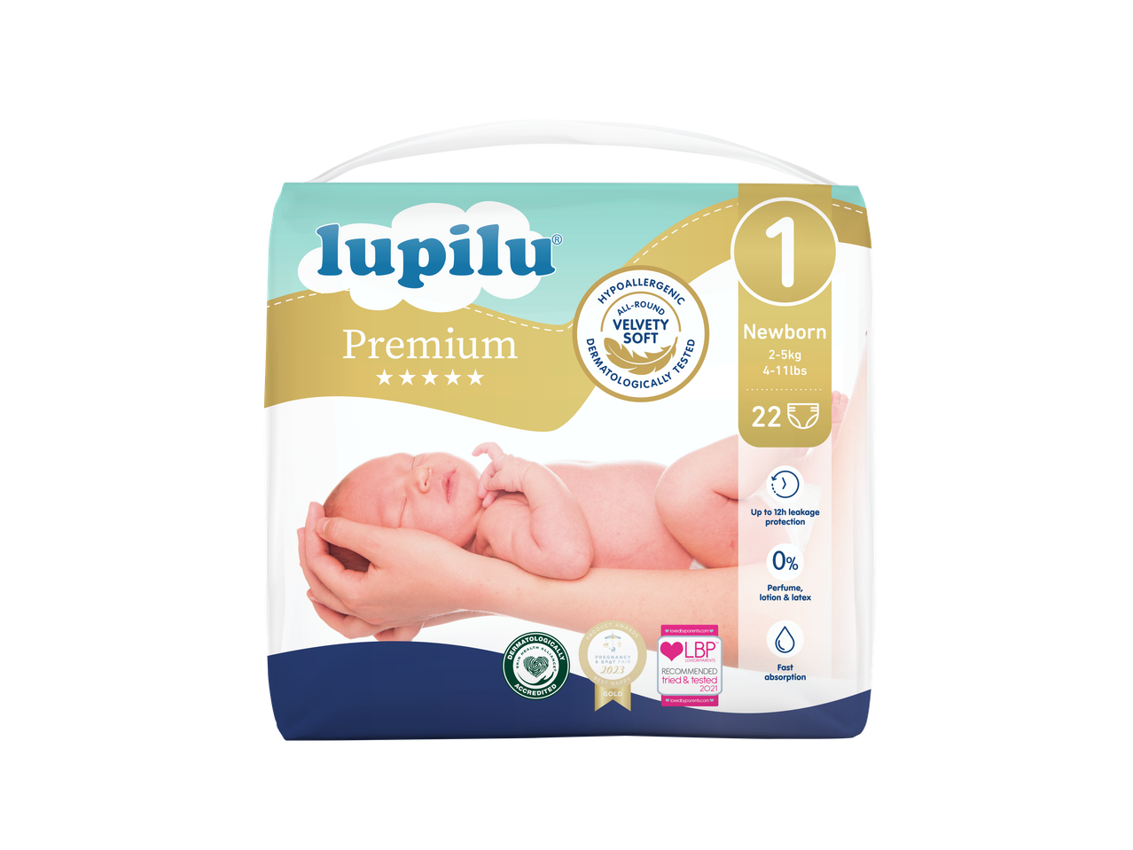 Newborn diapers, size 1, 2-5kg, 22 count, with 12h leakage protection and fast absorption
