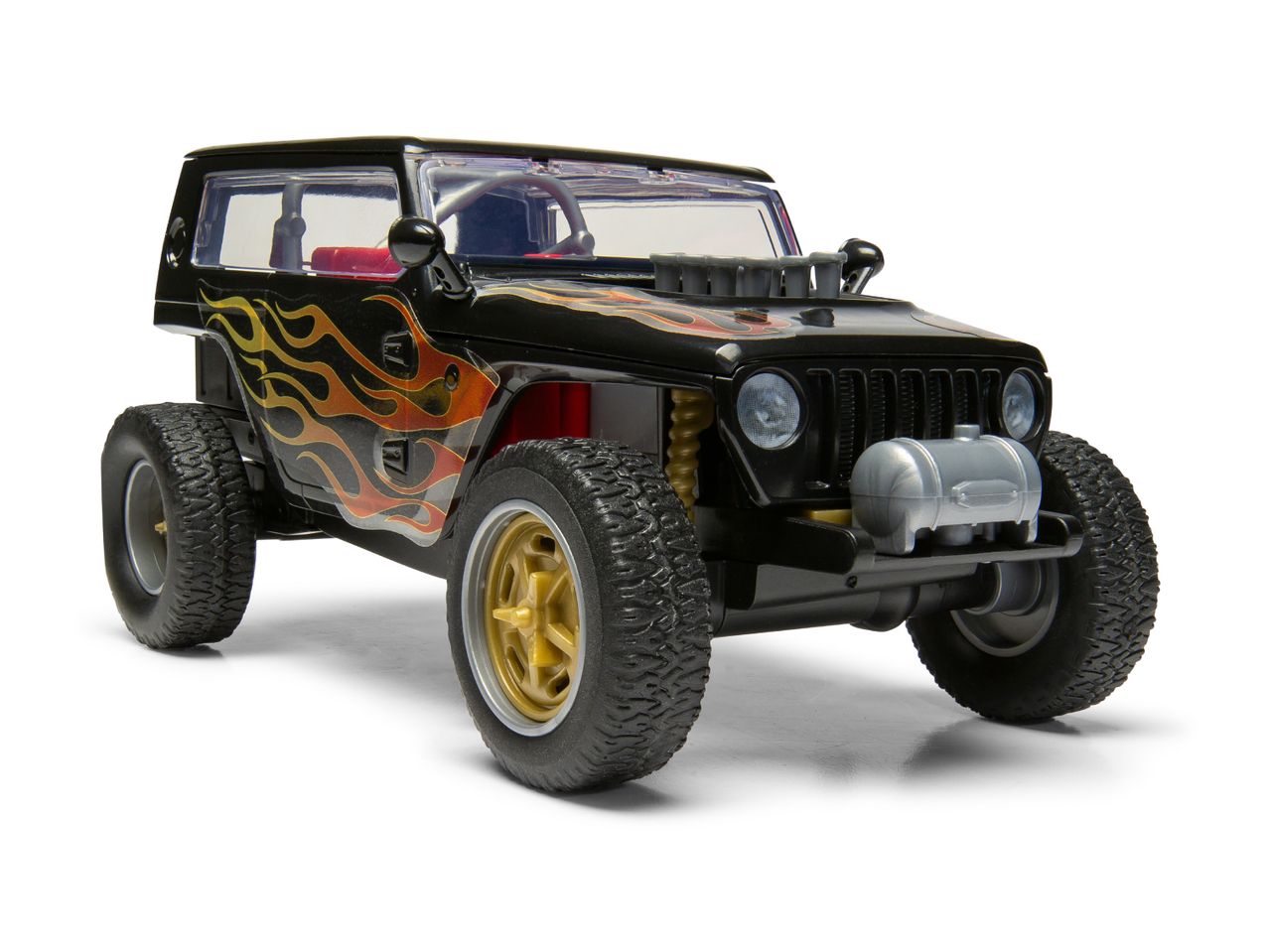 Black toy off-road vehicle with flame decals and gold wheels