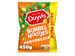Een oranje zak met borrelnootjes in verschillende kleuren en de tekst 'VALUE PACK'.