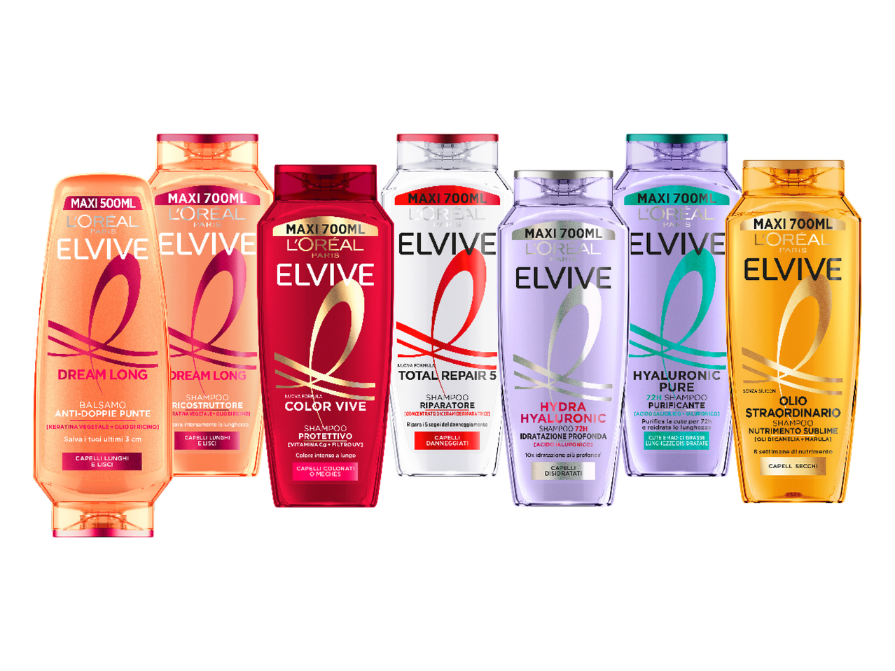 Sei shampoo e balsami Elvive L'Oréal Paris per diversi tipi di capelli.