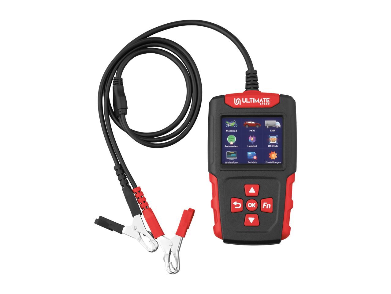 A red and black battery tester with a screen showing options for motorcycle, car, and truck.