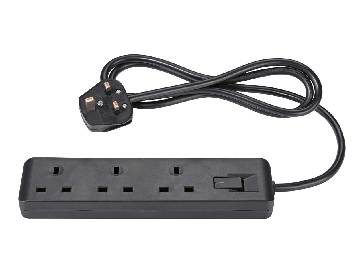 Black four-way extension lead with a UK plug and a power switch.