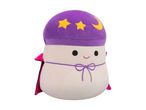 A plush toy dressed as a wizard with a purple hat, yellow stars, and a crescent moon.