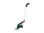 Cordless grass and shrub shears with a long handle and wheels for easy maneuvering.