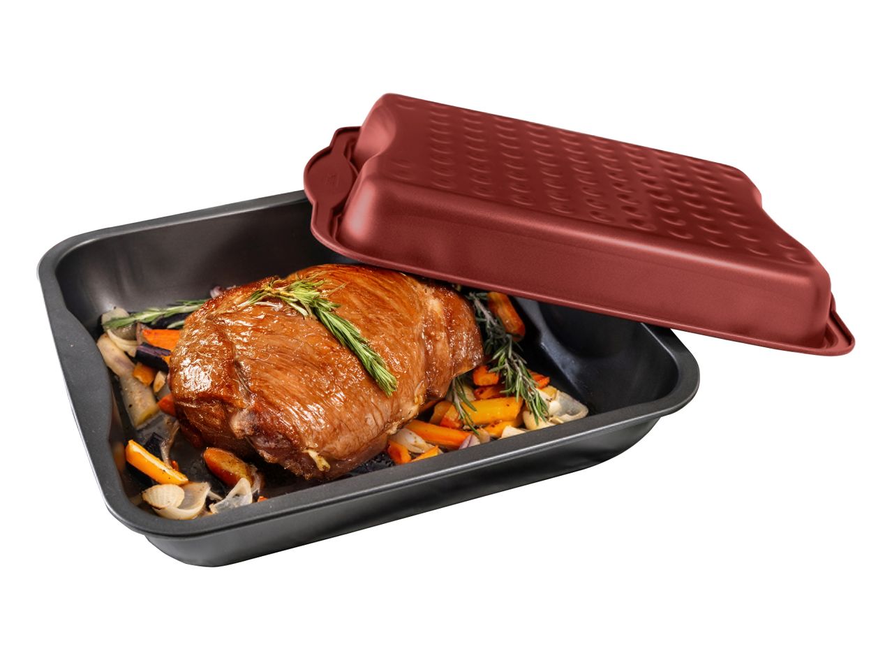 Bratpfanne mit Deckel, gefüllt mit Braten und Gemüse