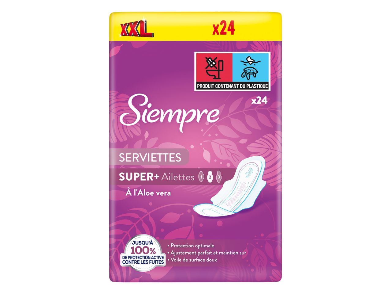 Serviettes hygiéniques Siempre XXL Super + ailes, à l'aloe vera, 24 unités.