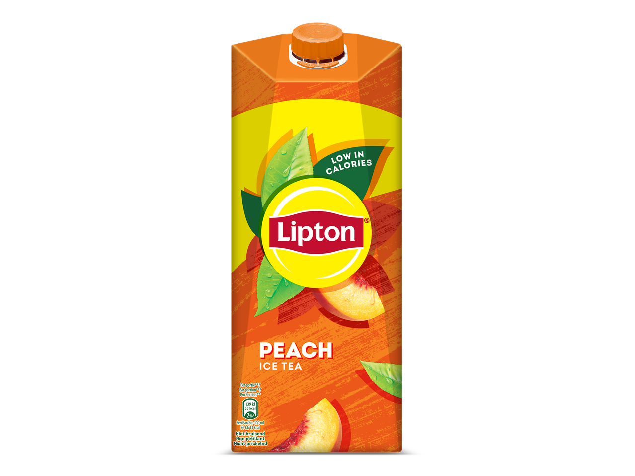 Een pak perzik ijsthee met de tekst 'LOW IN CALORIES' en voedingsinformatie.