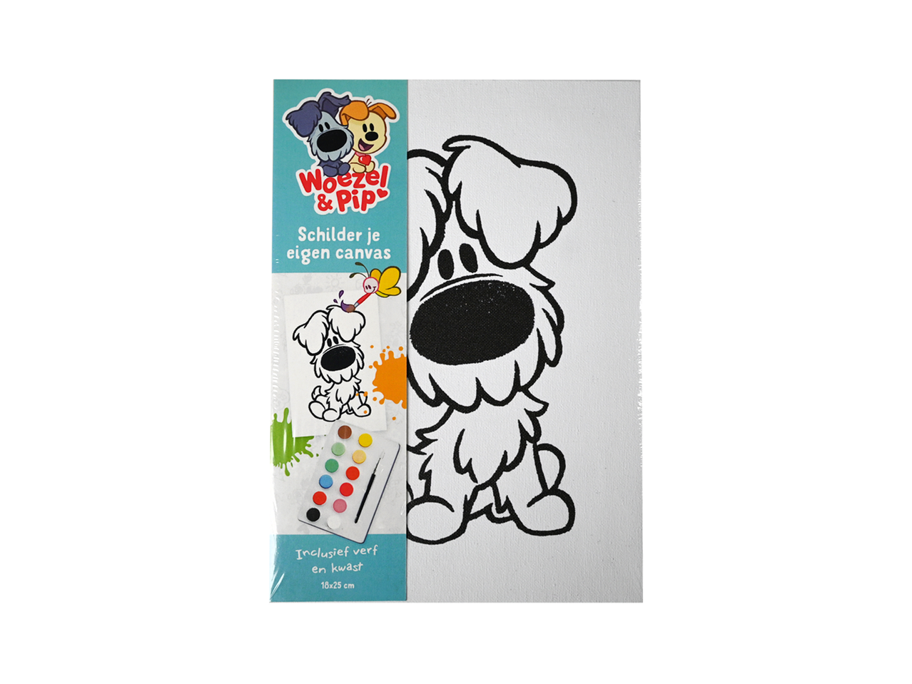 Schilderset op canvas met een hondje om in te kleuren, inclusief verf en kwast.