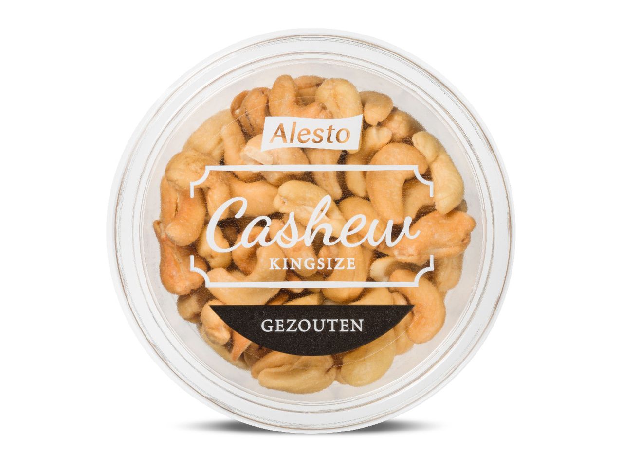 Pot Alesto Kingsize gezouten cashewnoten.