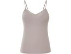 A light pink camisole with lace trim on the neckline.