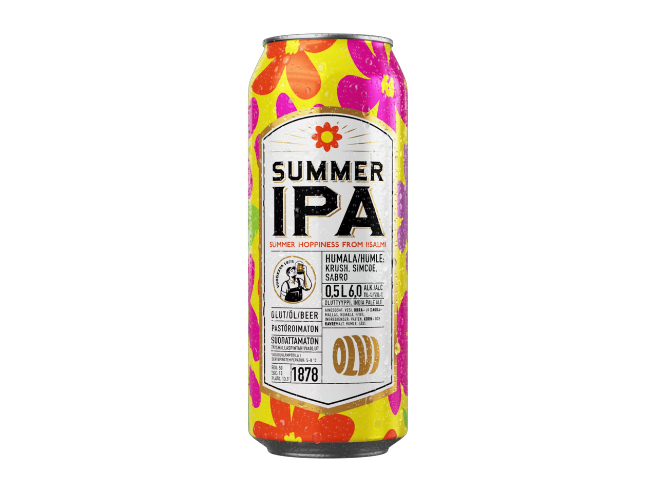 Keltainen oluttölkki, jossa on kukkakuvioita ja teksti 'SUMMER IPA'.
