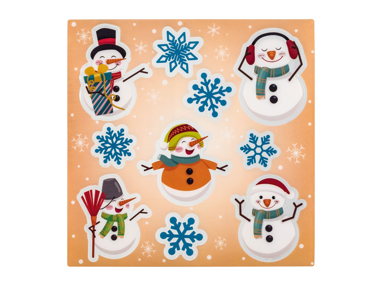 A set of five snowman stickers with various winter accessories and snowflakes.