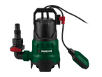 Green and black submersible pump with a float switch and hose connector.