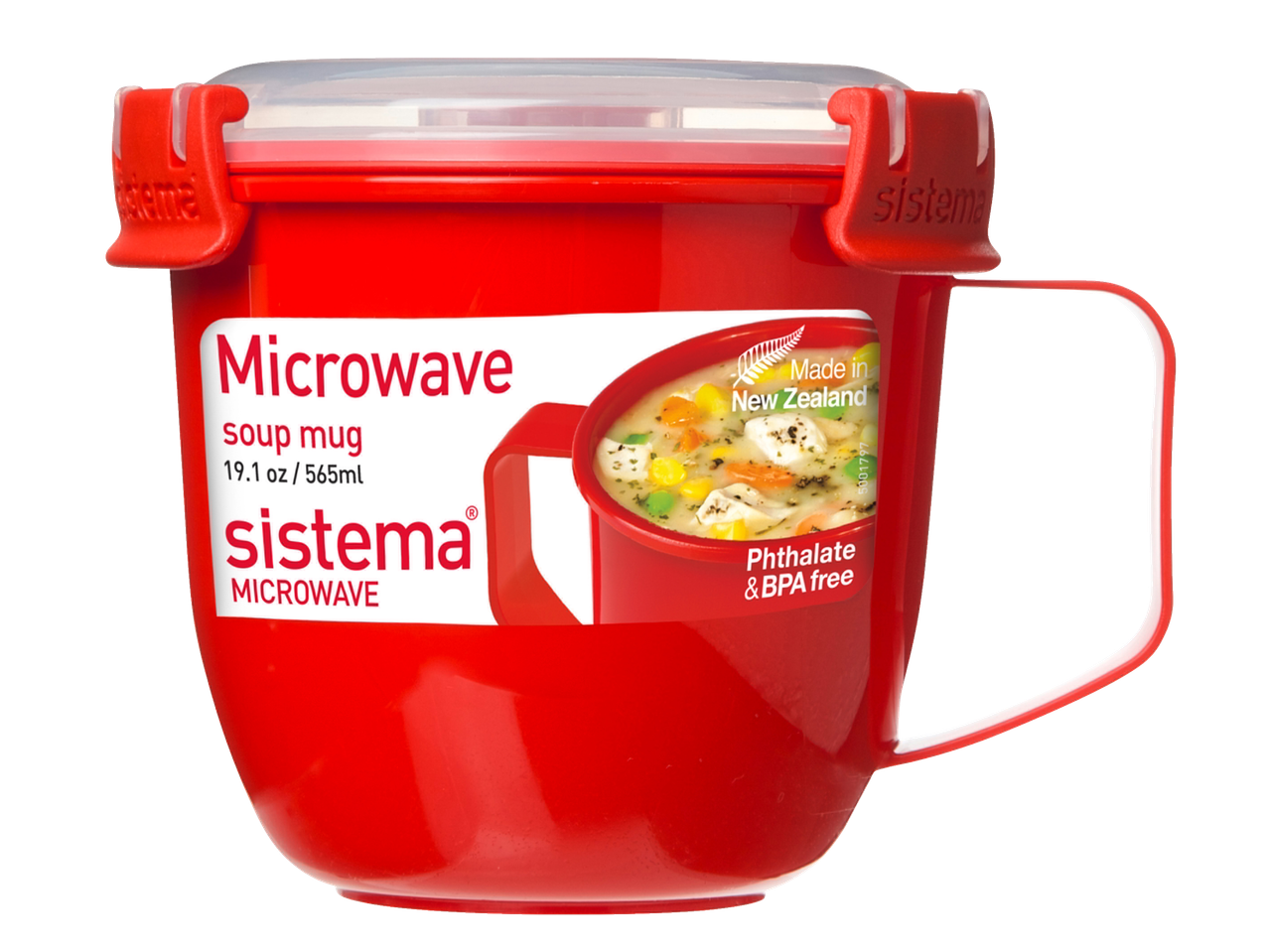 Red Sistema Microwave soup mug, 19.1 oz/565ml, made in New Zealand, phthalate & BPA free.