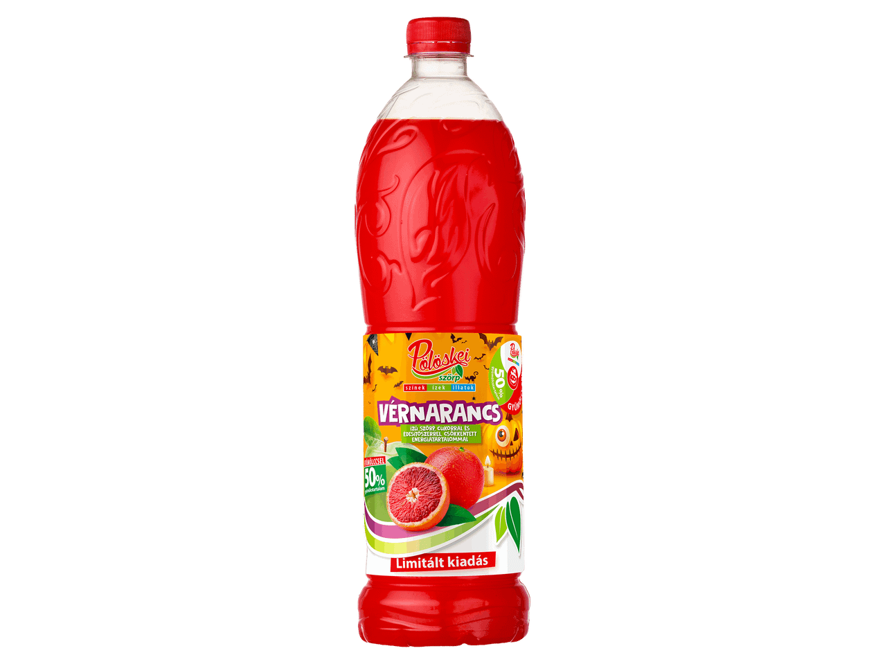 Limitált kiadású, 50%-os gyümölcstartalmú vérnarancs szörp halloweeni mintás palackban.