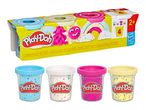 A Play-Doh Confetti Compound 4-pack with blue, white, pink, and yellow confetti-filled dough tubs.