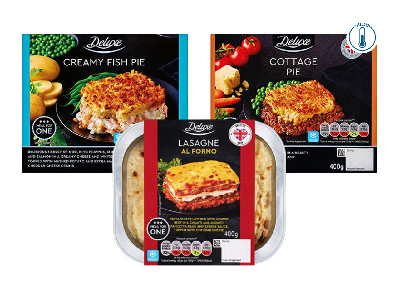 Three chilled ready meals: Creamy Fish Pie, Cottage Pie, and Lasagne Al Forno, each a meal for one.