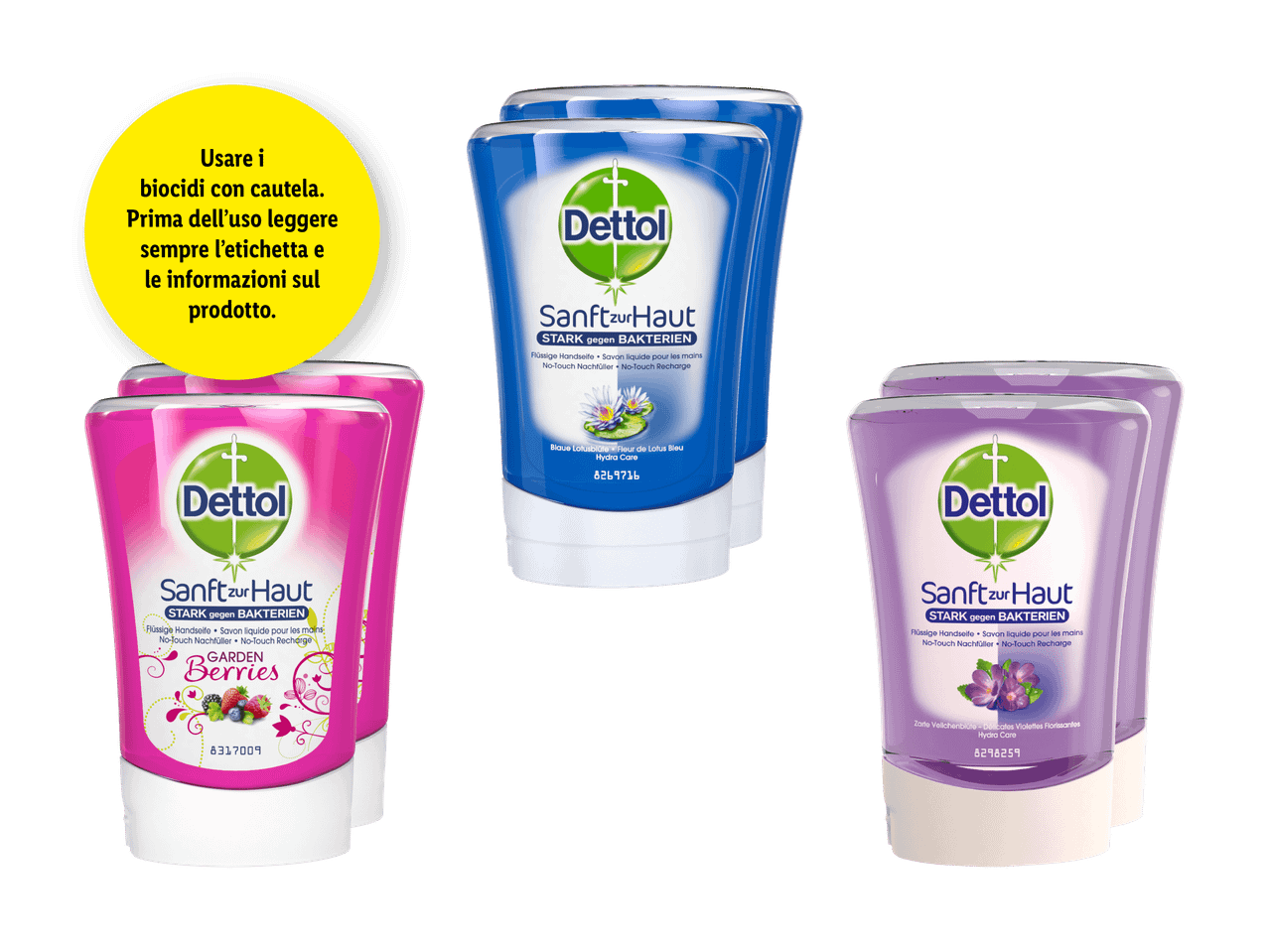 Tre ricariche di sapone liquido Dettol di diversi colori e profumi.
