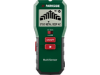 Detector multifunções verde com ecrã e botões vermelhos.