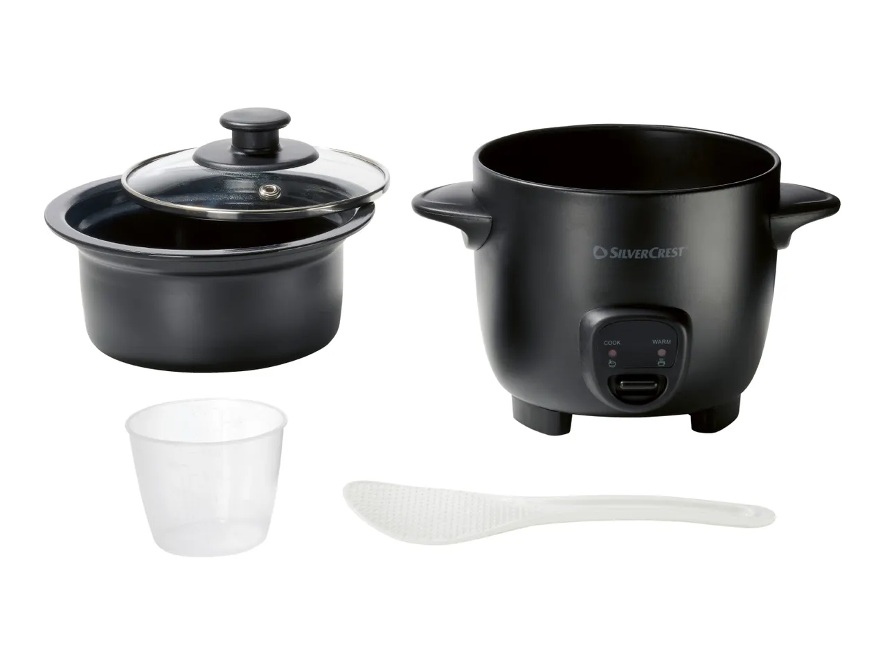 Black rice cooker with inner pot, glass lid, measuring cup, and serving spoon.