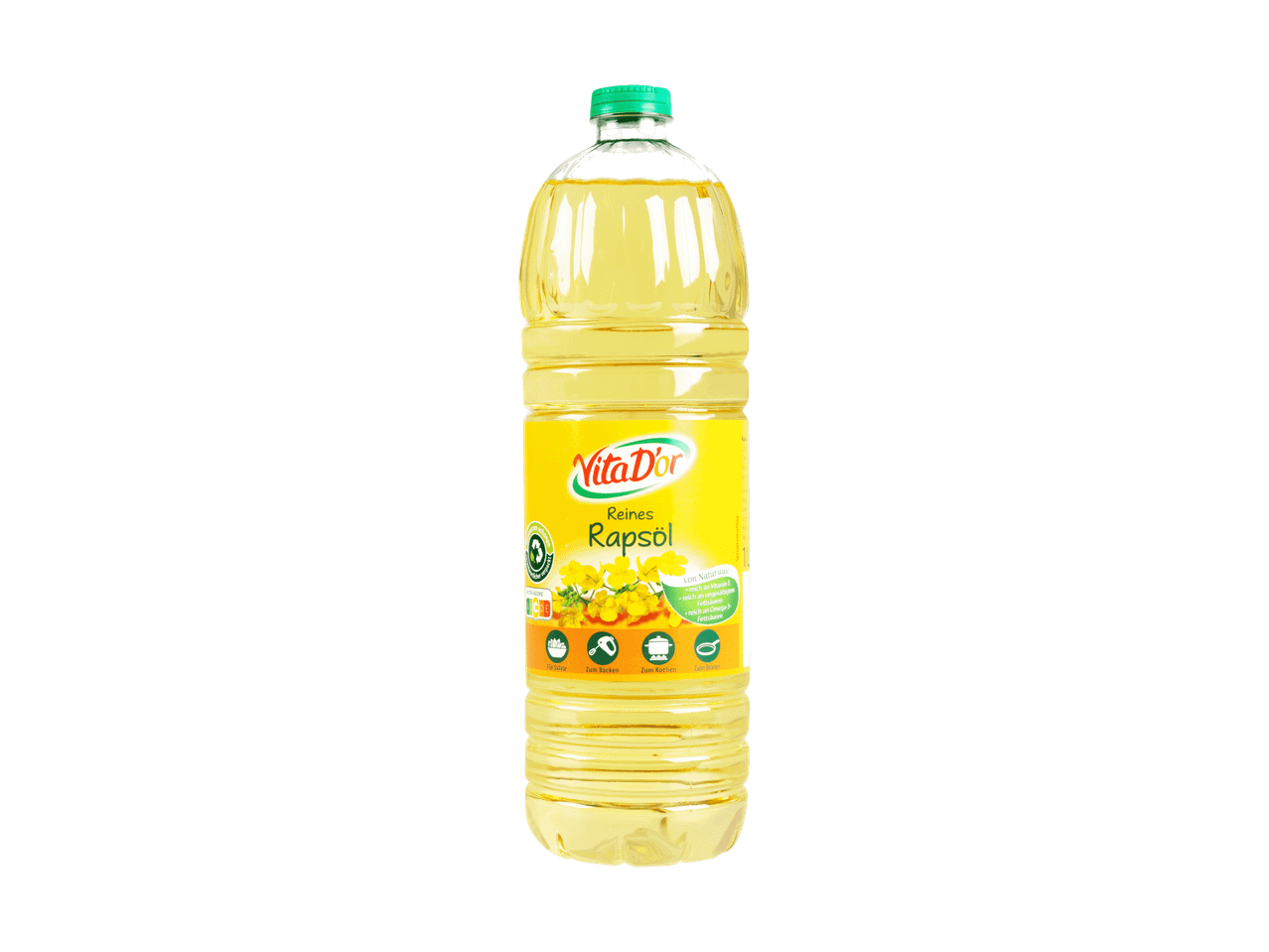 Vita D'or Rapsöl in einer Flasche, reich an Vitamin E und Omega-3-Fettsäuren.