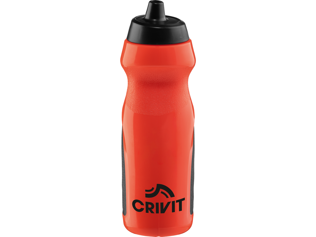 Oranža Crivit sporta pudele ar melnu vāku.