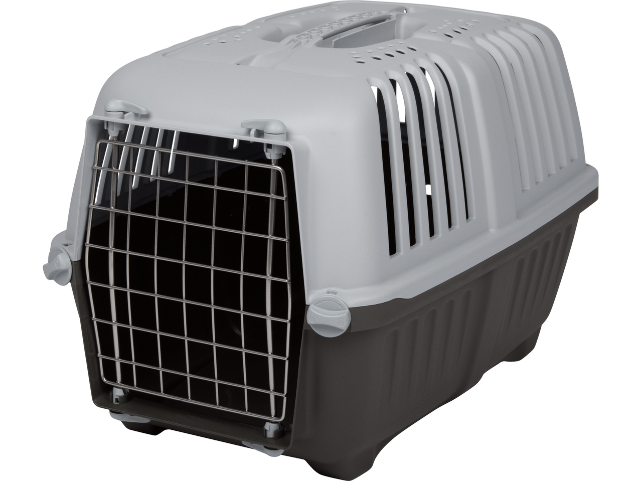 Zoofari pet carrier in grey and dark grey with a metal grid door.
