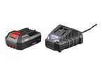 A 20V 2.0Ah rechargeable battery pack next to its compatible charging dock.