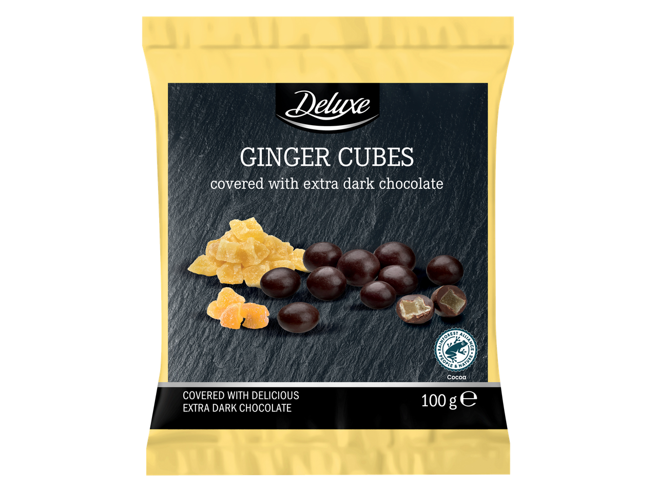 Deluxe ingvera kubiņi, pārklāti ar īpaši tumšo šokolādi, 100g.