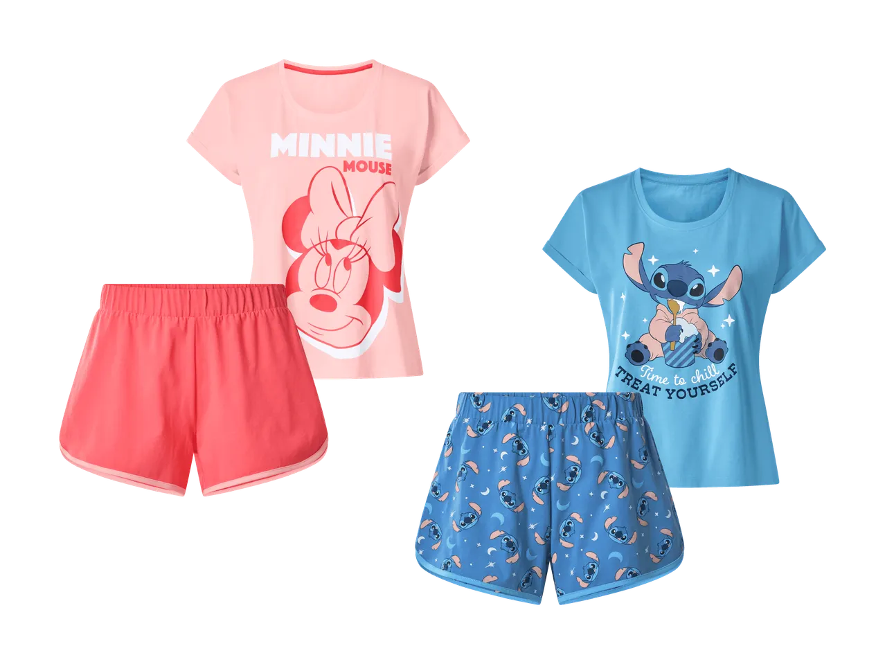 Zwei Pyjama-Sets: ein rosa Set mit Minnie Maus-Motiv und ein blaues Set mit Stitch-Motiv.