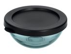 Glass bowl with black lid, angled view
