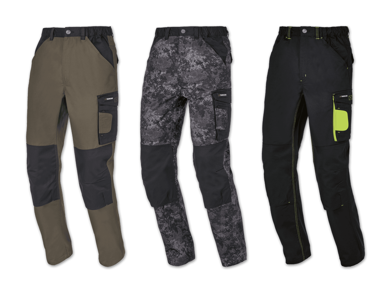Drei Arbeitshosen in Khaki, Tarnmuster und Schwarz.