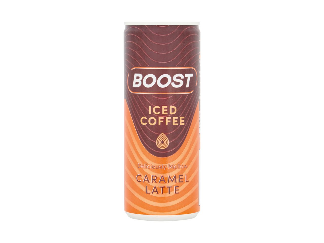 Iced coffee can with a caramel latte flavor, featuring a brown and orange design.