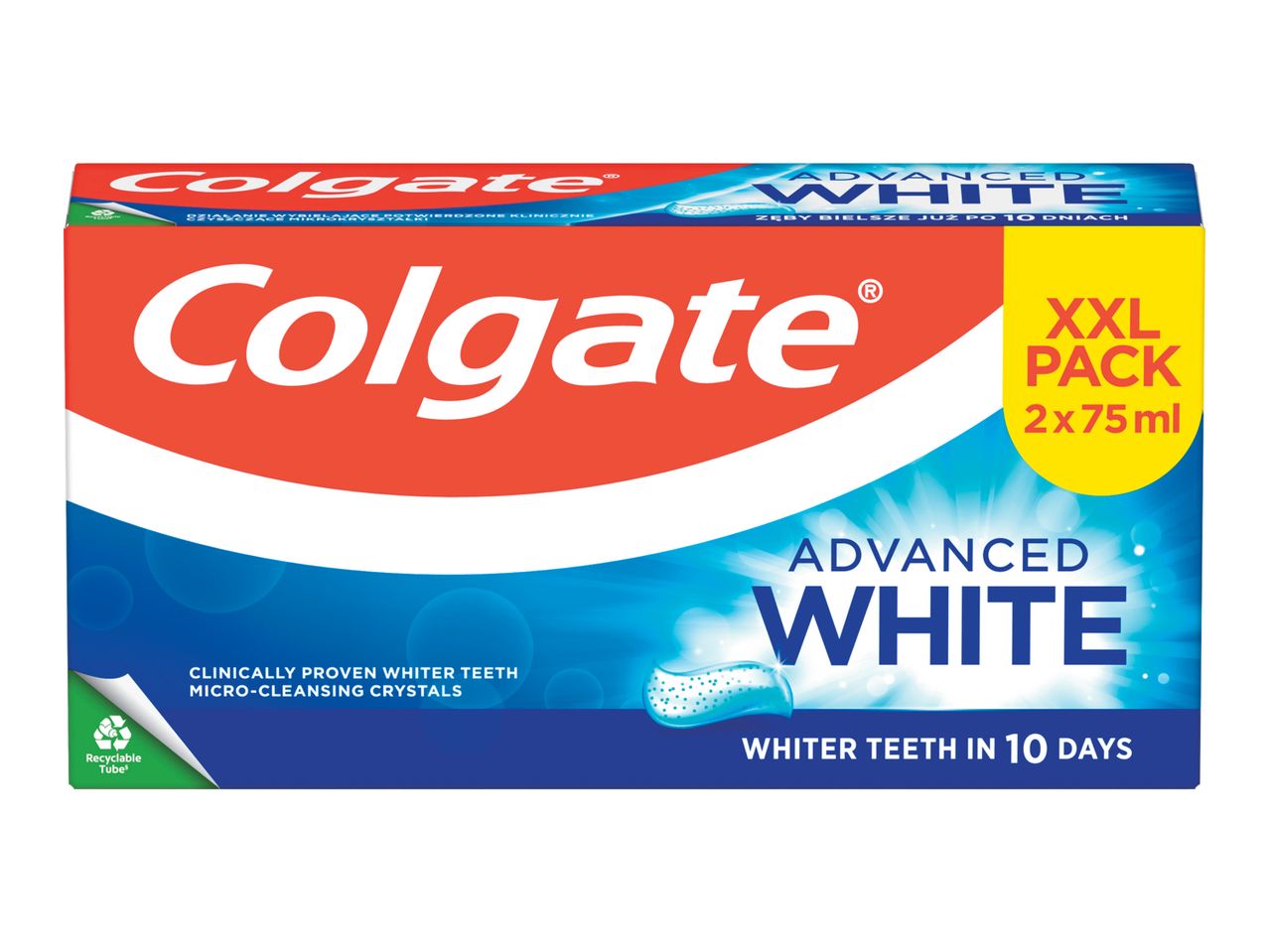 Pachet Colgate Advanced White XXL, cu 2 tuburi de pastă de dinți de 75 ml, pentru albirea dinților.