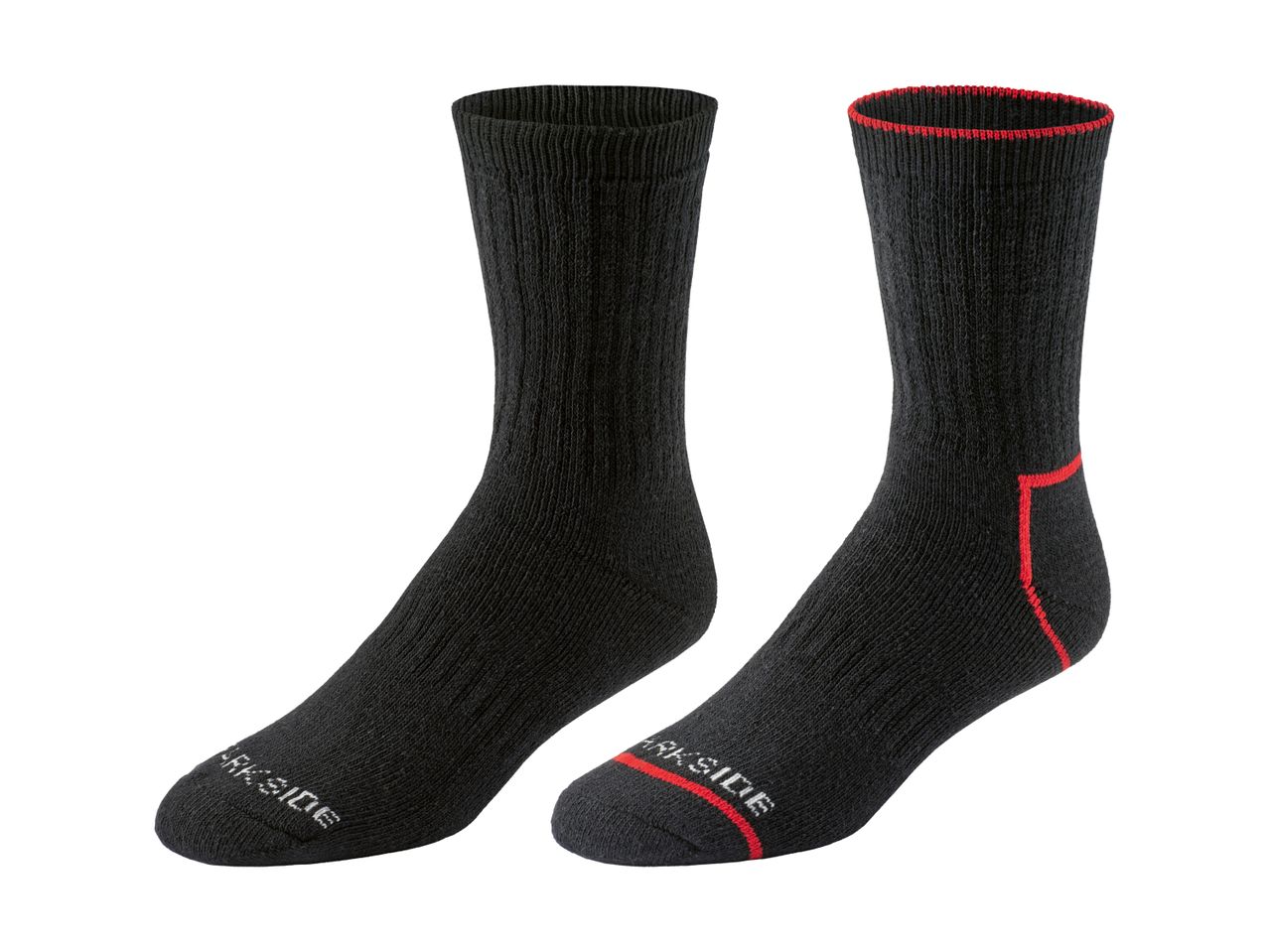 Two black socks, one with red accents on the cuff, heel, and toe.