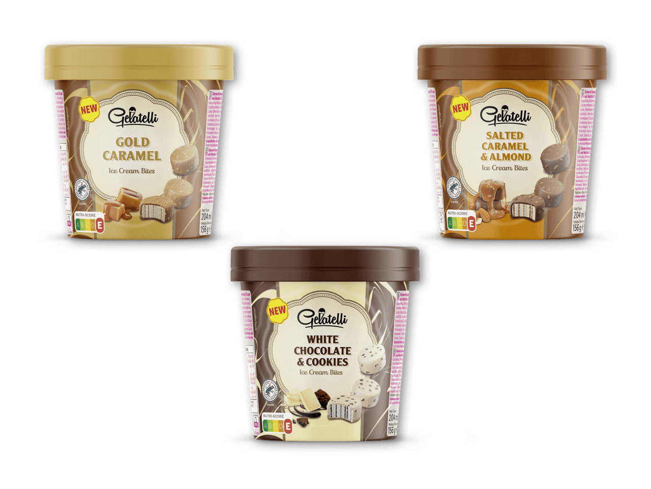 Tre beholdere med isbidder i smagsvarianterne guldkaramel, saltet karamel & mandel og hvid chokolade & cookies.