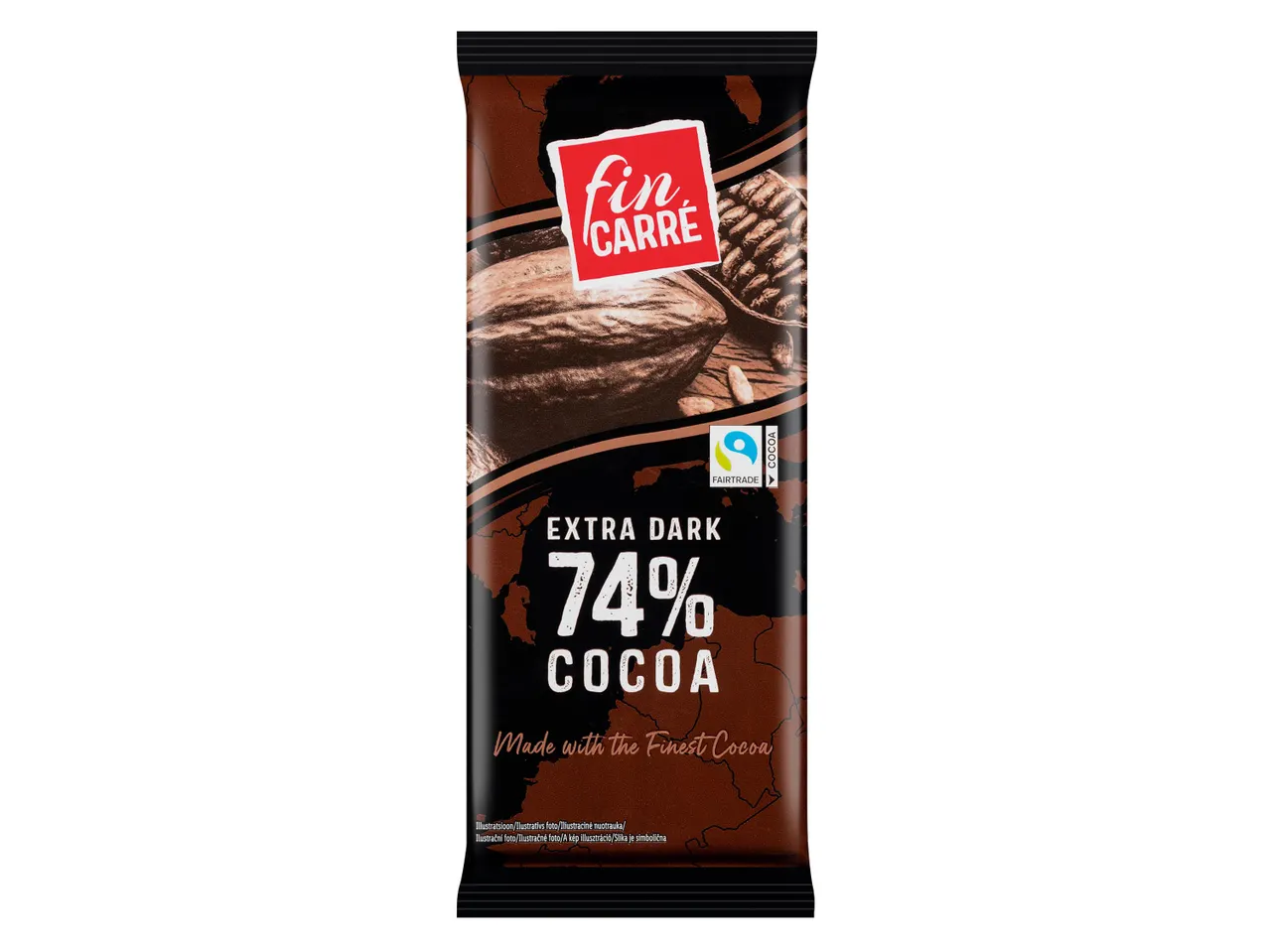 Fin Carré Extra Dark 74% kakaótartalmú étcsokoládé Fairtrade kakaóval.