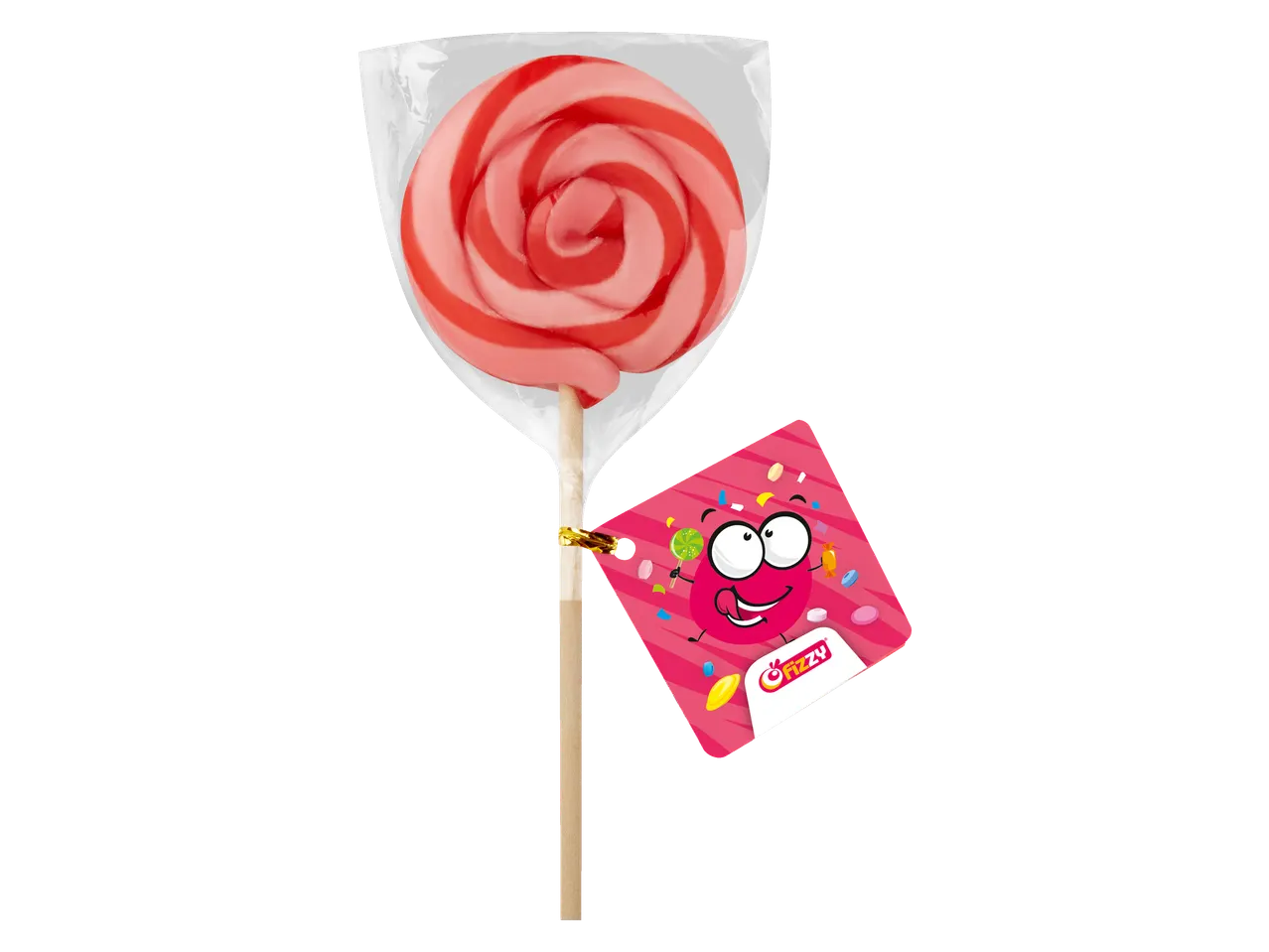 Rode en roze spiraalvormige lolly met een Fizzy-merklabel.